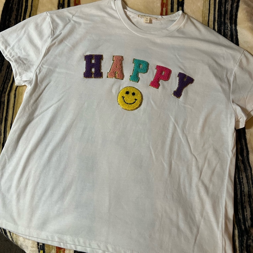 White 'HAPPY' Smiley Graphic Tee - Women